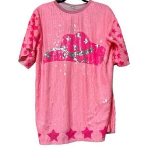 Mainstrip size large Western Nashville cowboy hat tunic top pink sequins flaw